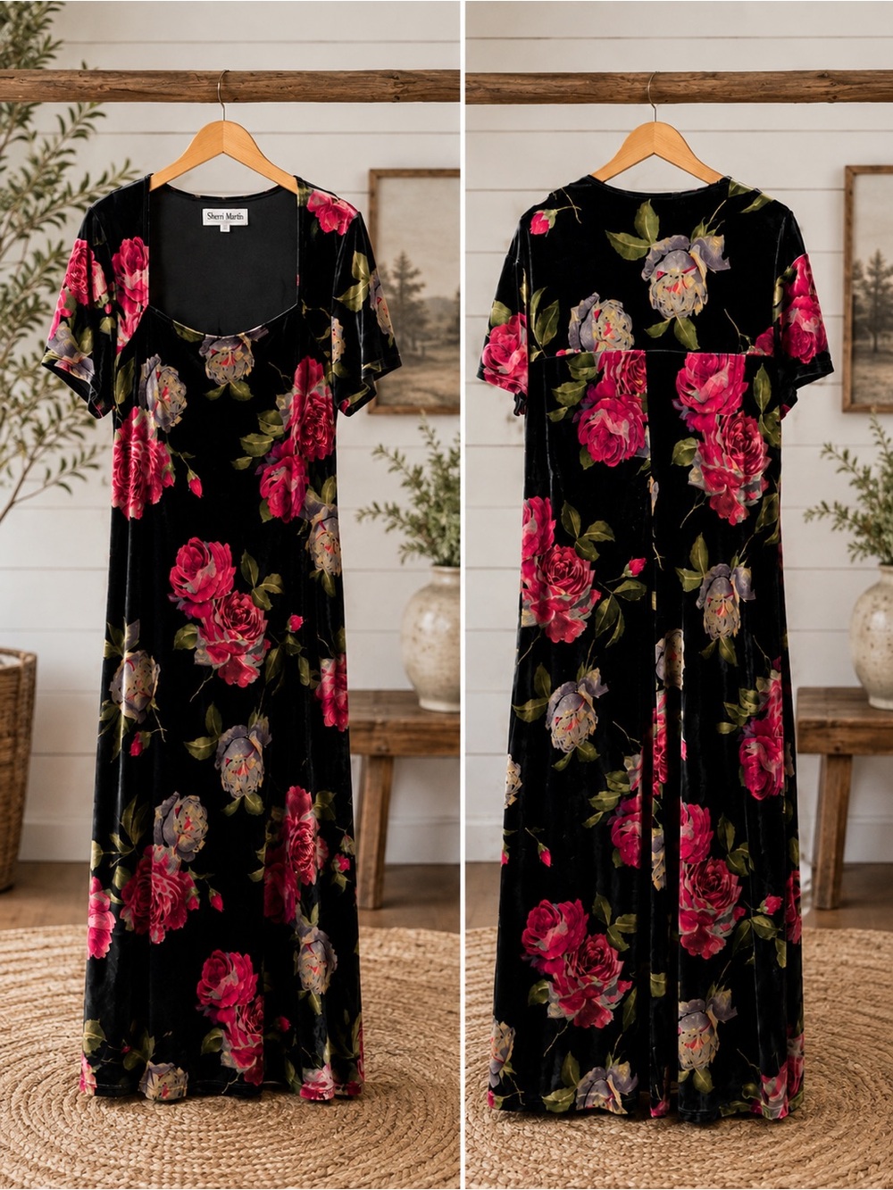 Sheri Martin Black Velvet Maxi Dress with Pink Rose Floral Print
